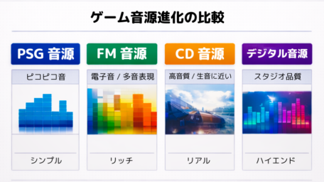 PSG音源・FM音源・CD音源・デジタル音源の特徴と音質の違いを比較したゲーム音源進化の図