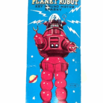 赤色のブリキ製アクションプラネットロボット玩具のパッケージ正面