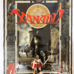 日本ファルコムのアクションRPG『XANADU（ザナドゥ）』の販促ポスター。中世風の装飾とリアルなドラゴンが印象的な重厚なデザイン。