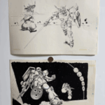 『BLUE GALE』収録のガンダム直筆原画2枚、アムロ搭乗のガンダムとシャア専用ザクを描いたペン画
