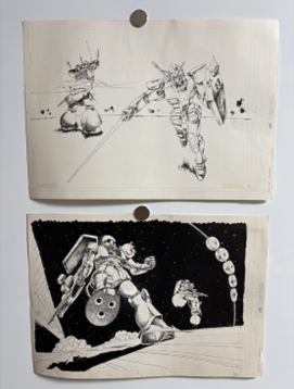 『BLUE GALE』収録のガンダム直筆原画2枚、アムロ搭乗のガンダムとシャア専用ザクを描いたペン画