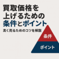 買取価格を上げるための条件とポイントを解説した図解。ゲーム、CD、レコードなどの査定アップにつながるチェック項目を紹介。
