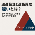 遺品整理と遺品買取の違いをわかりやすく解説した図解。デメリットとメリットを三角図で紹介。