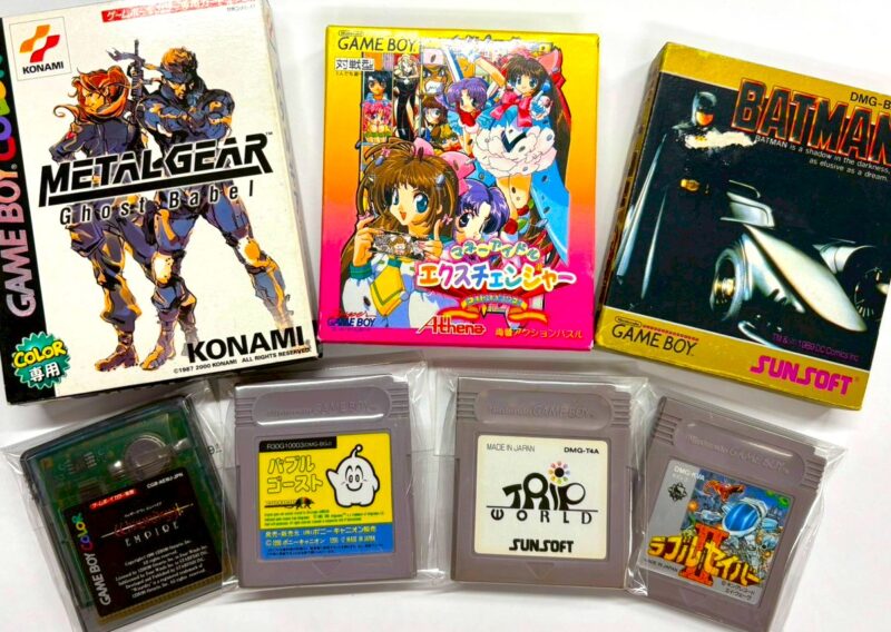 高額取引されやすいゲームボーイソフトの代表例をまとめた比較写真。メタルギア ゴーストバベル、バットマン（サンソフト）、エルフの童話など、希少性やブランド性、シリーズ性を備えたタイトルの外箱とカートリッジが確認できる構成です。