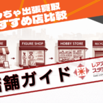 おもちゃ出張買取の店舗比較をイメージしたアイキャッチ画像。複数の専門店とリサイクル店が並び、矢印で流れが示されている構図